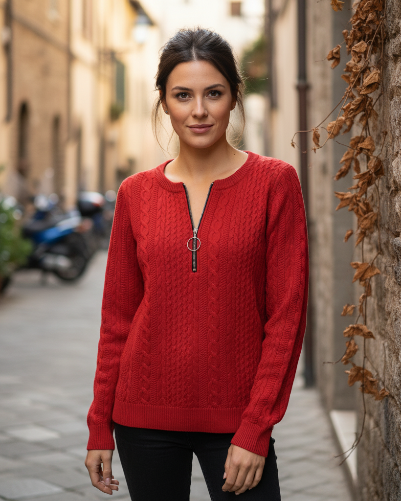 Nuvoir - Maglione Donna a Treccia con Mezza Zip