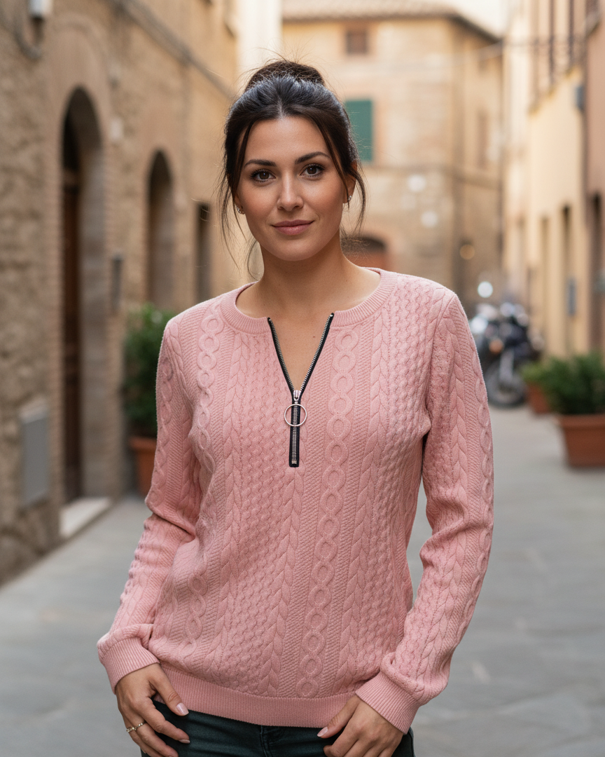 Nuvoir - Maglione Donna a Treccia con Mezza Zip